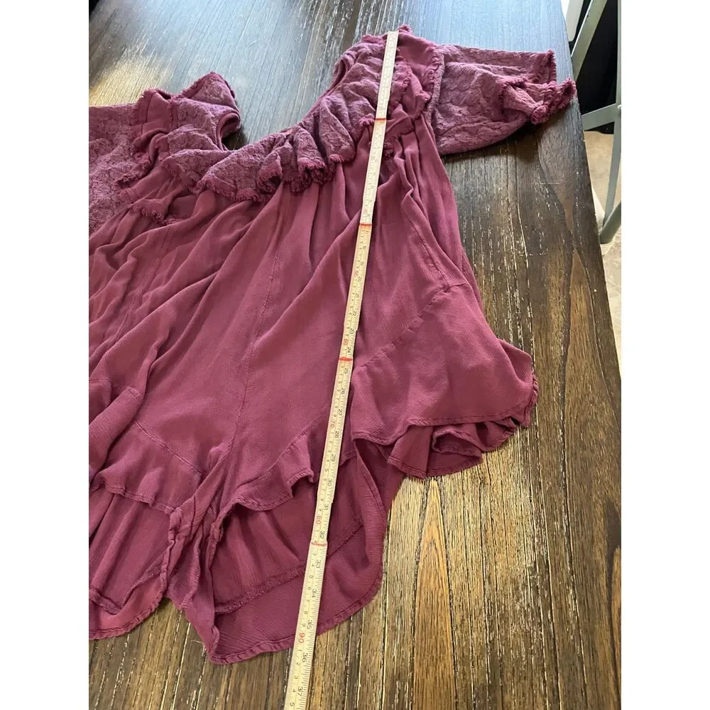 Free People Rush For Ruffles Romper Burgundy Boho Ruffle Lace Size M